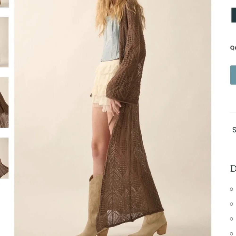 Promesa Pointelle Crochet Knit Cardigan Mocha Long Duster Boho Festival Small